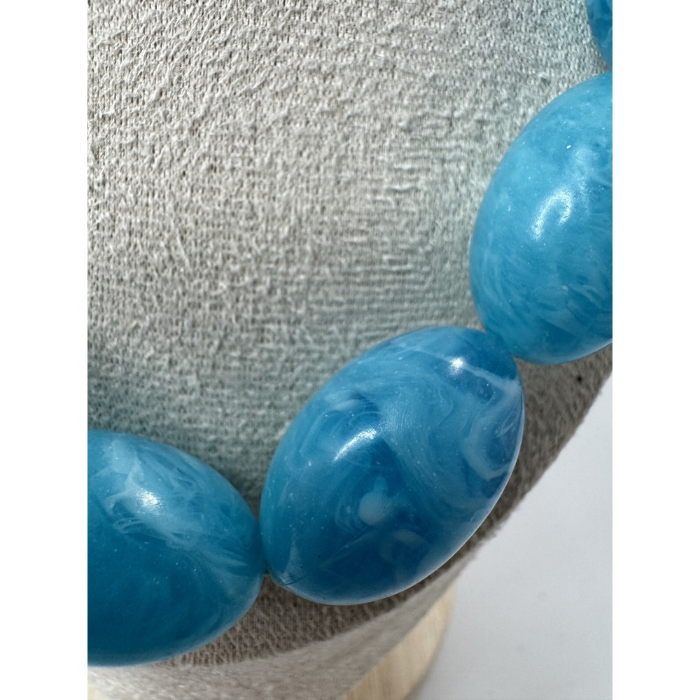 Vintage Chunky Marbled Blue Graduated Oval Bead Statement Necklace Hook Clasp